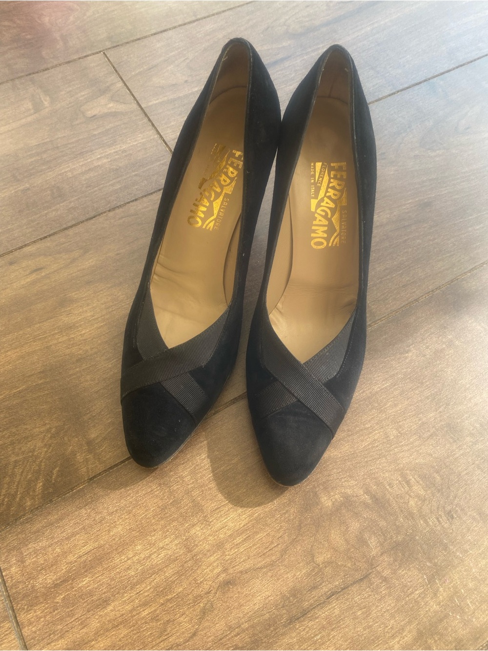 Salvatore Ferragamo Black Suede Cross-Band Pumps